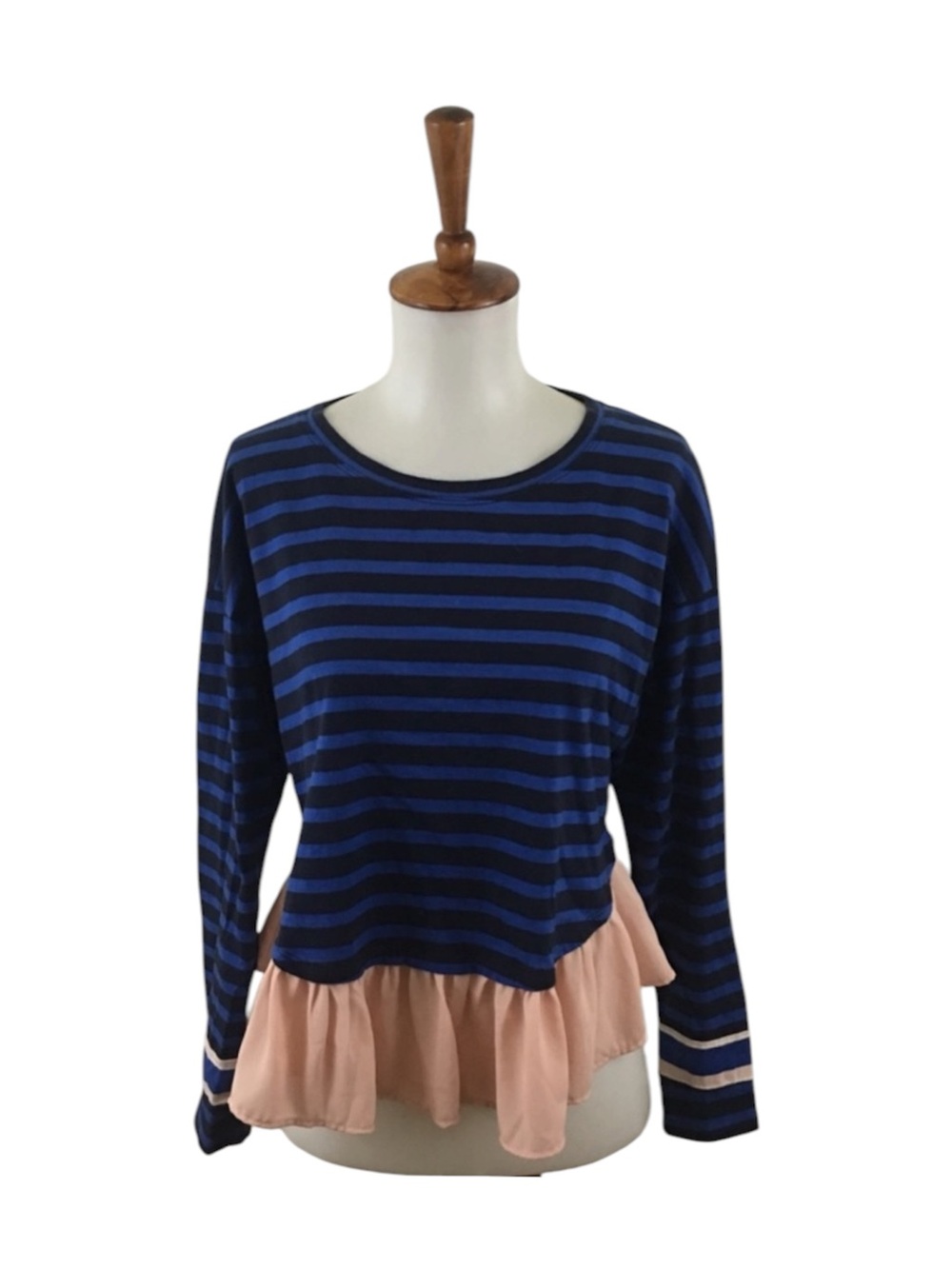 Anthropologie Top S Small Deletta Striped Rugby Ruffle Long Sleeve Crew Neck